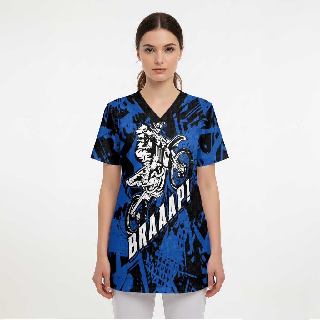 Personalized Motocross Rider Scrub Top with Blue Graffiti Splash Pattern - Wonder Print Shop