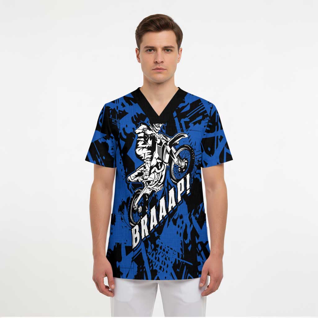 Personalized Motocross Rider Scrub Top with Blue Graffiti Splash Pattern - Wonder Print Shop