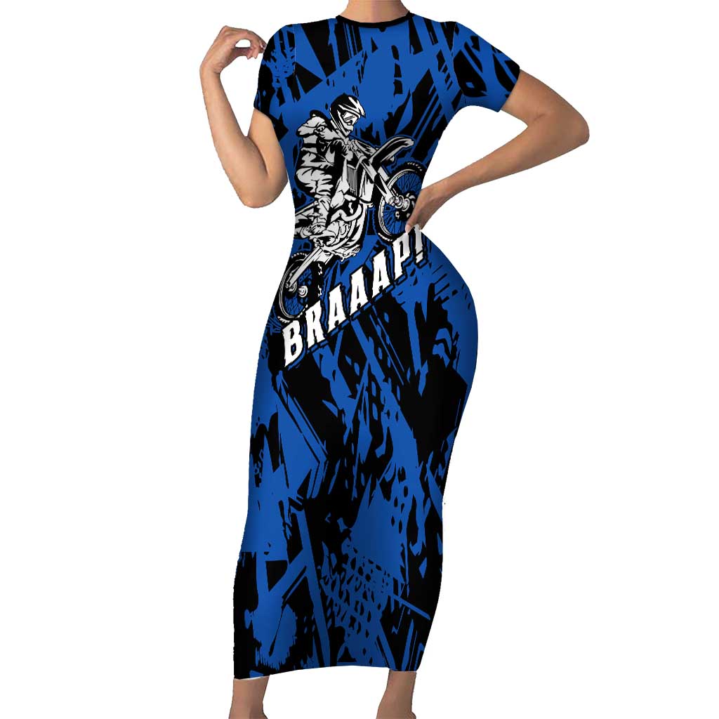 Personalized Motocross Rider Short Sleeve Bodycon Dress with Blue Graffiti Splash Pattern - Wonder Print Shop