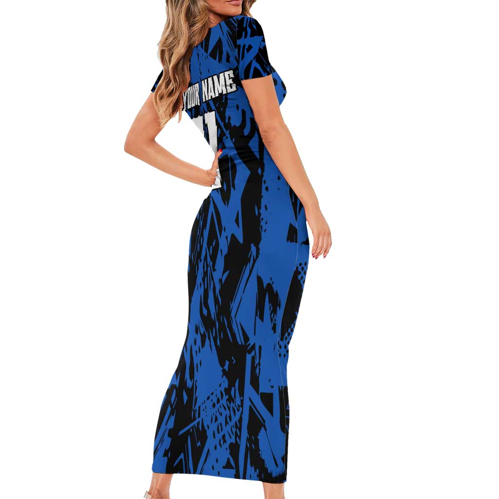 Personalized Motocross Rider Short Sleeve Bodycon Dress with Blue Graffiti Splash Pattern - Wonder Print Shop