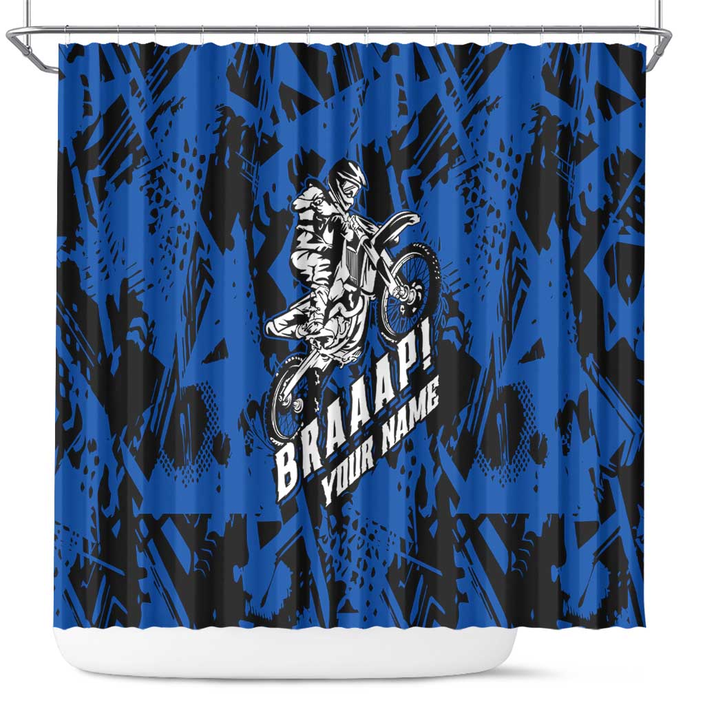 Personalized Motocross Rider Shower Curtain with Blue Graffiti Splash Pattern - Wonder Print Shop