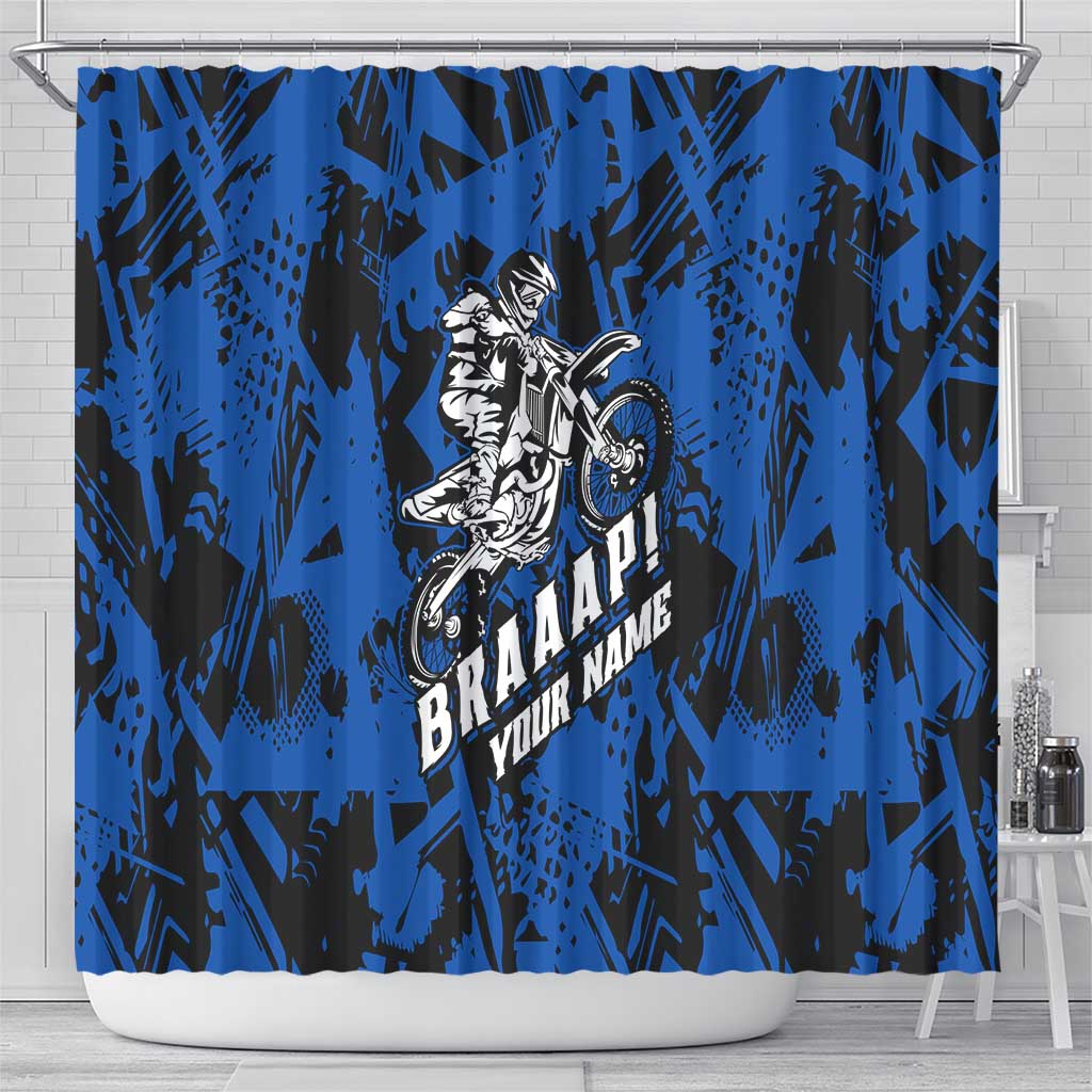 Personalized Motocross Rider Shower Curtain with Blue Graffiti Splash Pattern - Wonder Print Shop