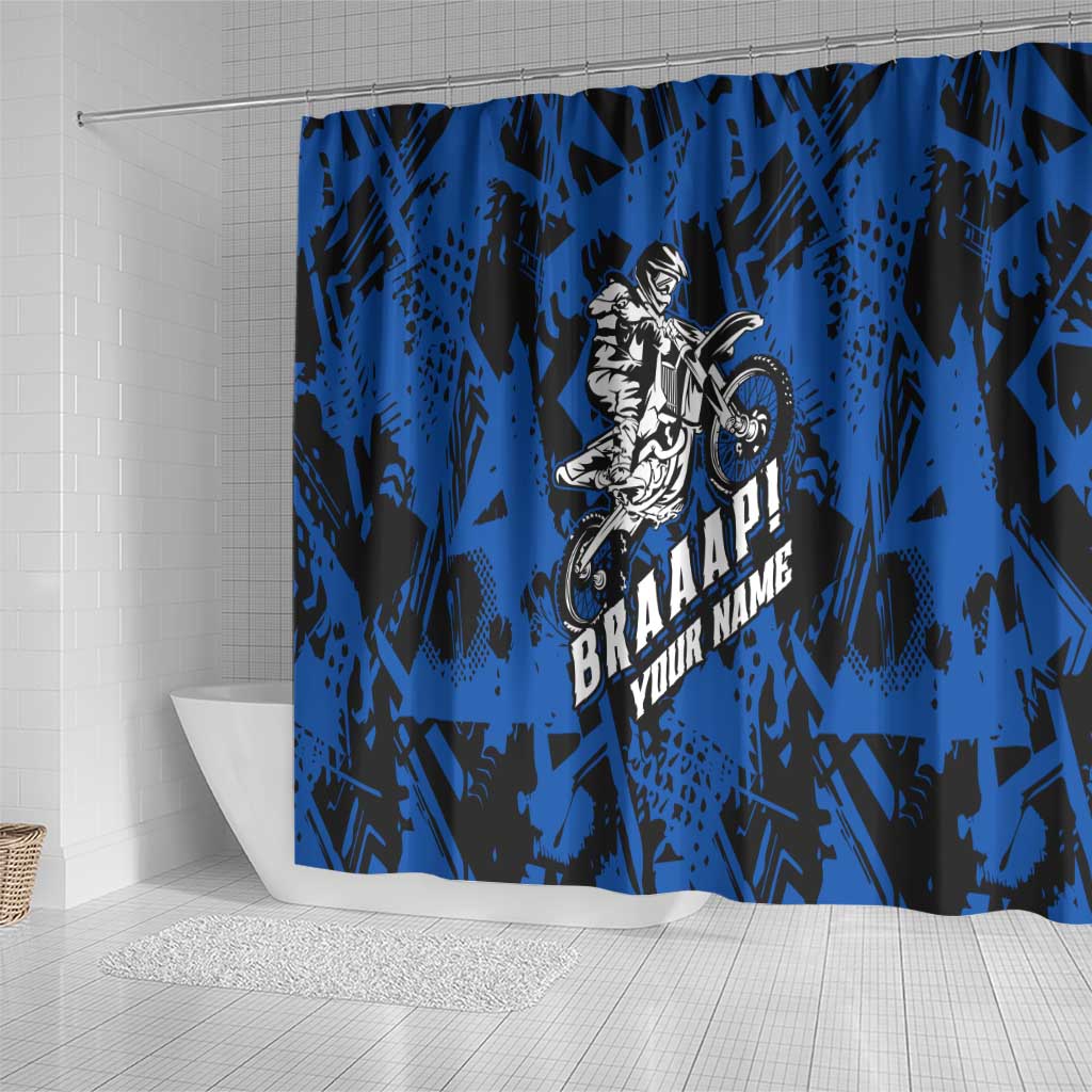 Personalized Motocross Rider Shower Curtain with Blue Graffiti Splash Pattern - Wonder Print Shop