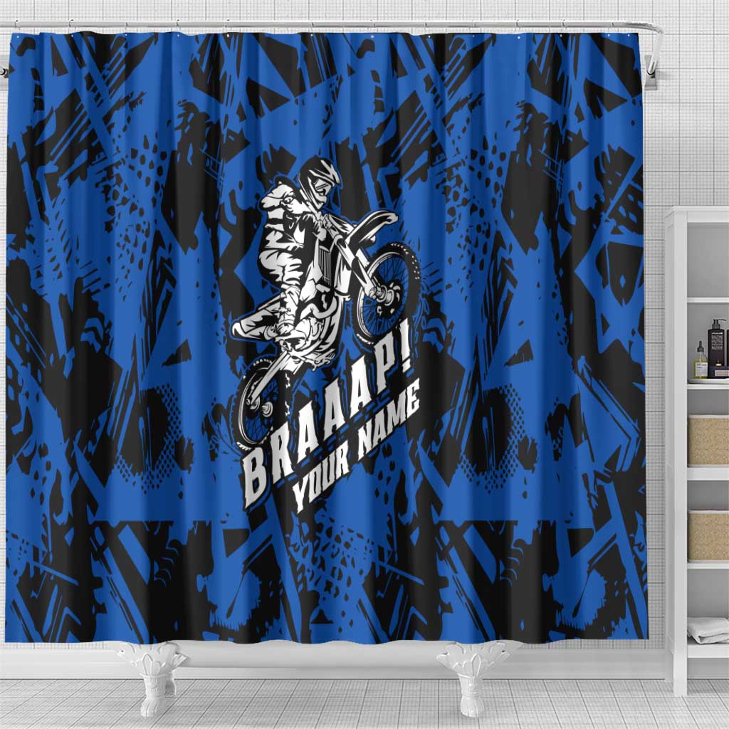 Personalized Motocross Rider Shower Curtain with Blue Graffiti Splash Pattern - Wonder Print Shop