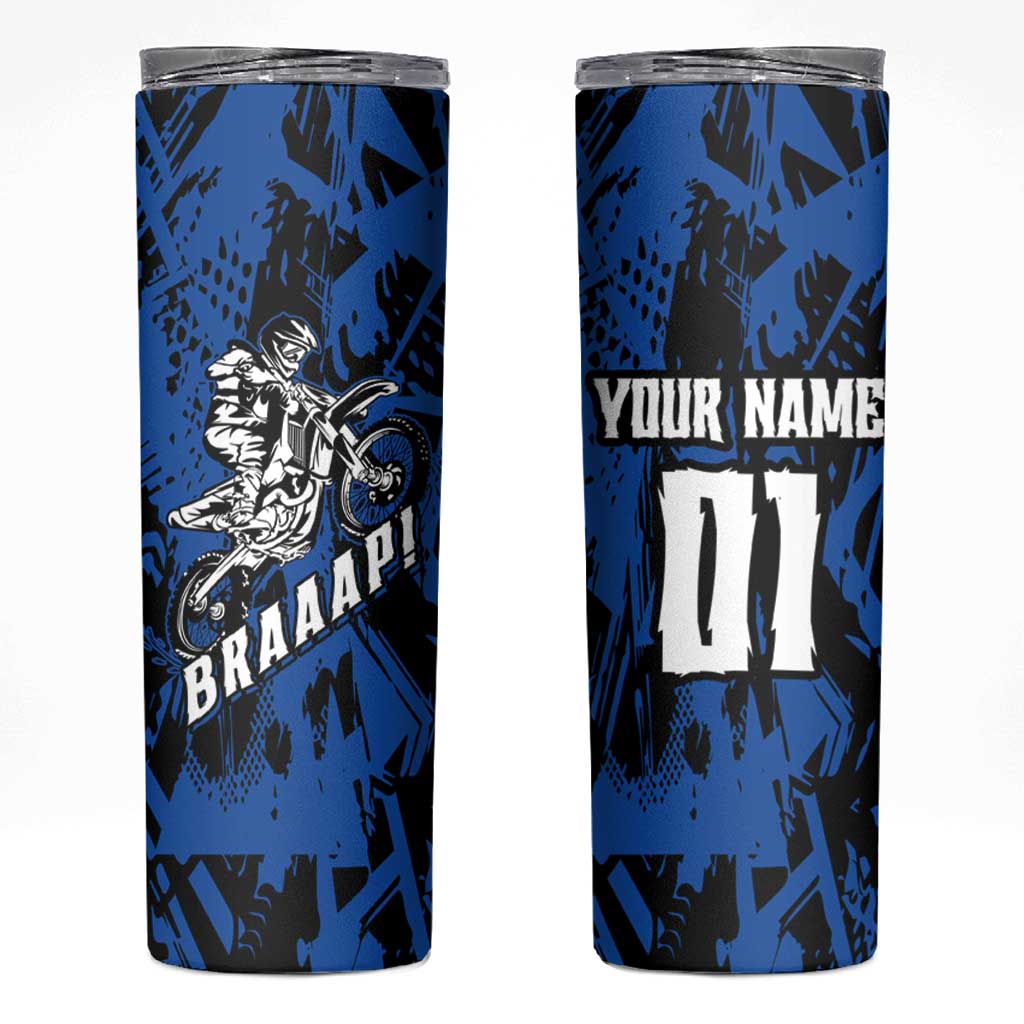 Personalized Motocross Rider Skinny Tumbler with Blue Graffiti Splash Pattern - Wonder Print Shop