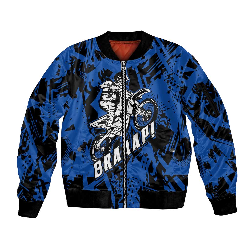 Personalized Motocross Rider Sleeve Zip Bomber Jacket with Blue Graffiti Splash Pattern - Wonder Print Shop