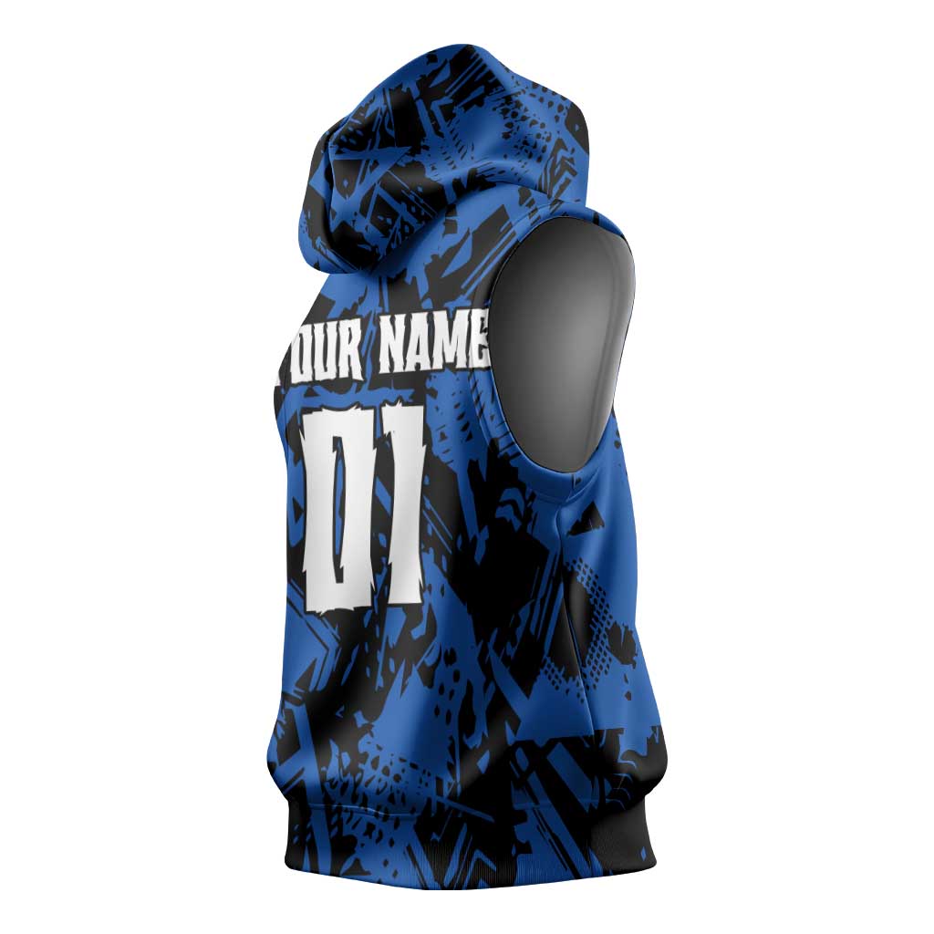Personalized Motocross Rider Sleeveless Hoodie with Blue Graffiti Splash Pattern - Wonder Print Shop
