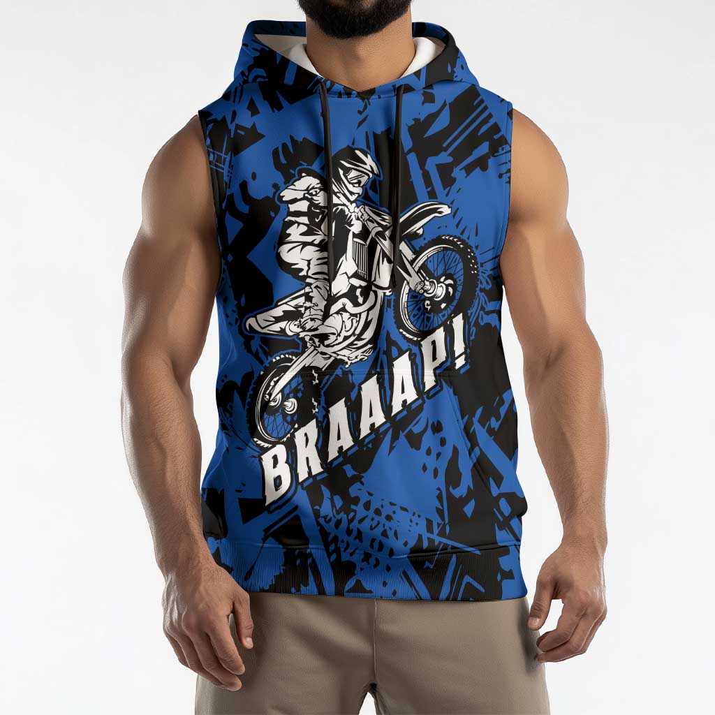 Personalized Motocross Rider Sleeveless Hoodie with Blue Graffiti Splash Pattern - Wonder Print Shop