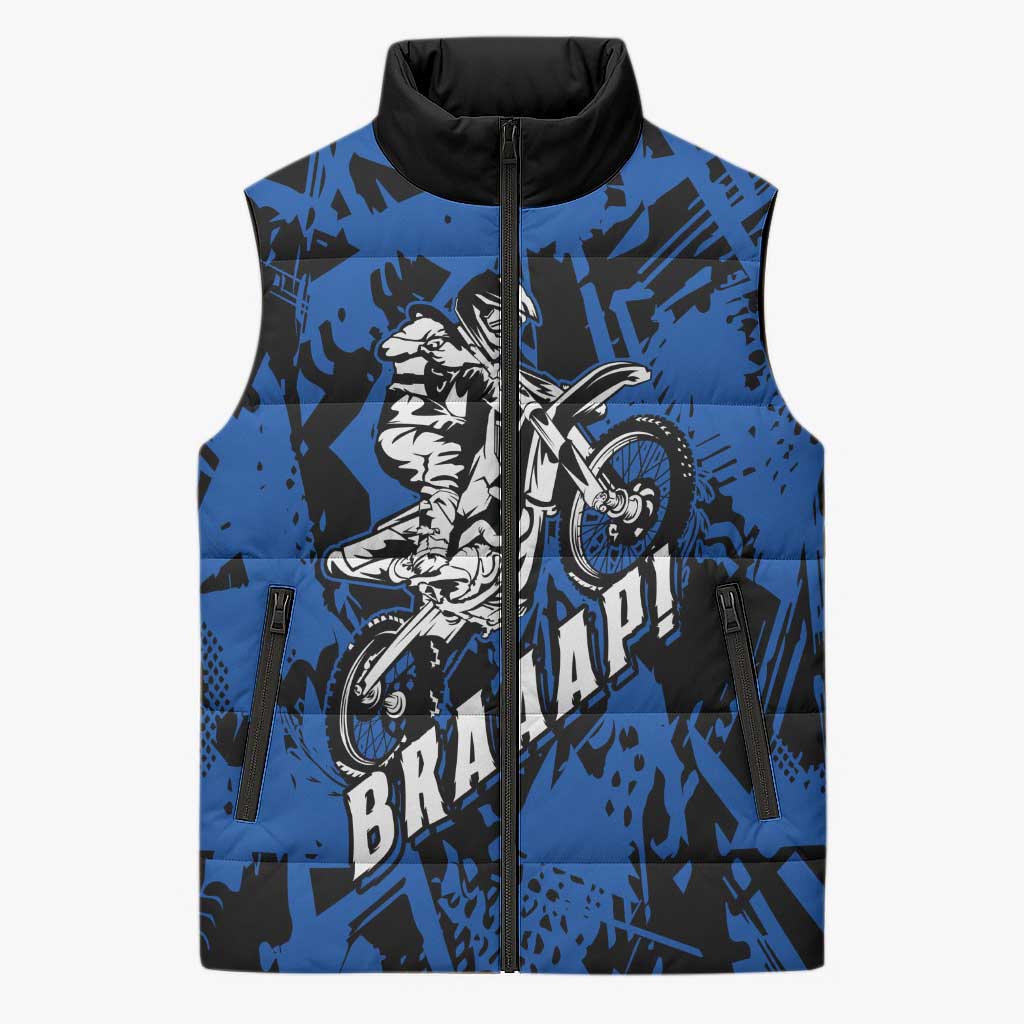 Personalized Motocross Rider Sleeveless Puffer Jacket with Blue Graffiti Splash Pattern - Wonder Print Shop