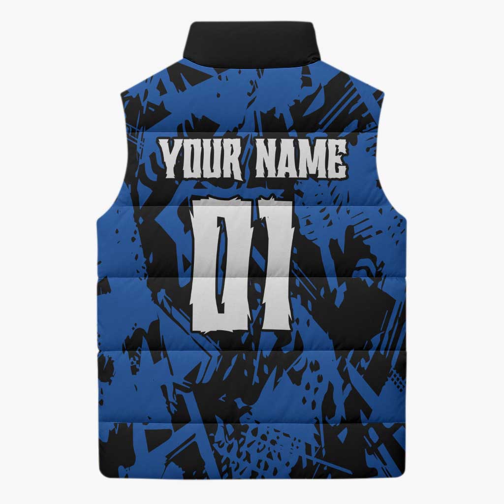 Personalized Motocross Rider Sleeveless Puffer Jacket with Blue Graffiti Splash Pattern - Wonder Print Shop