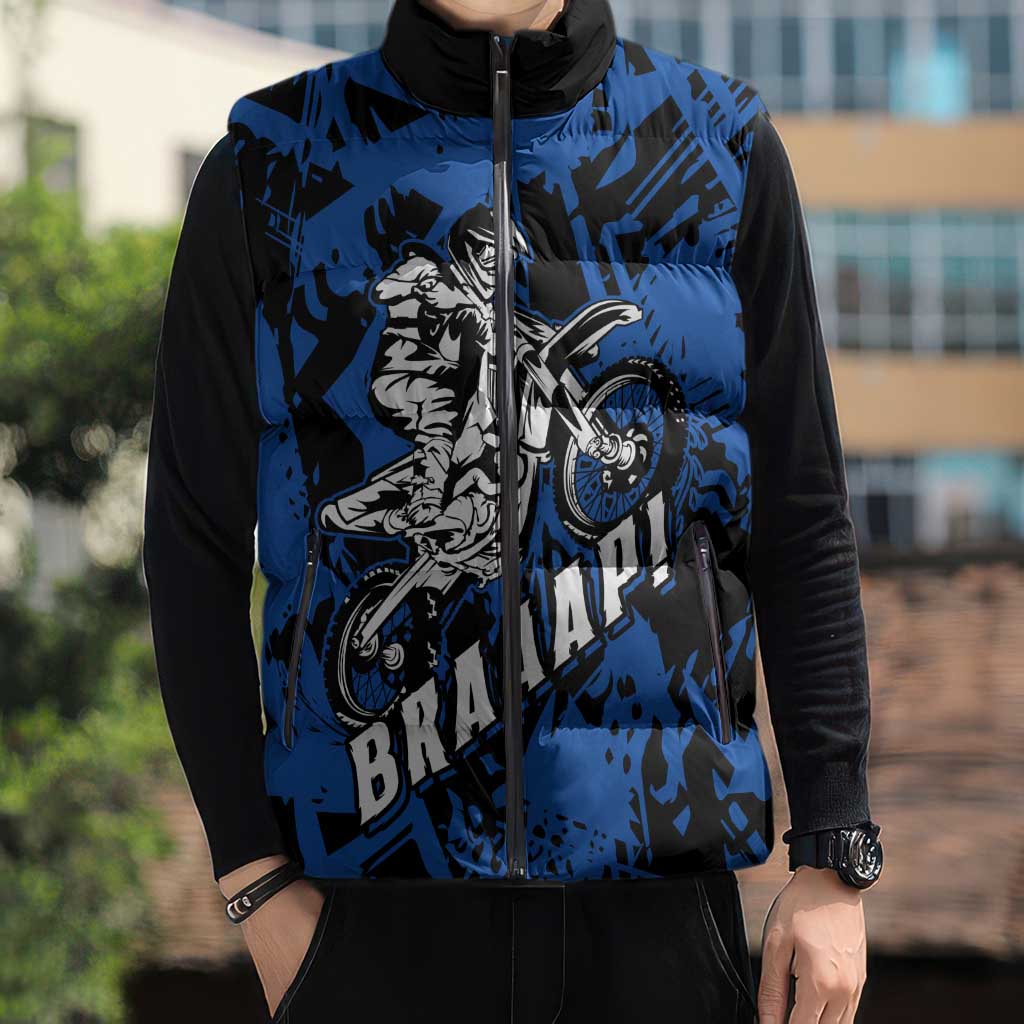 Personalized Motocross Rider Sleeveless Puffer Jacket with Blue Graffiti Splash Pattern - Wonder Print Shop