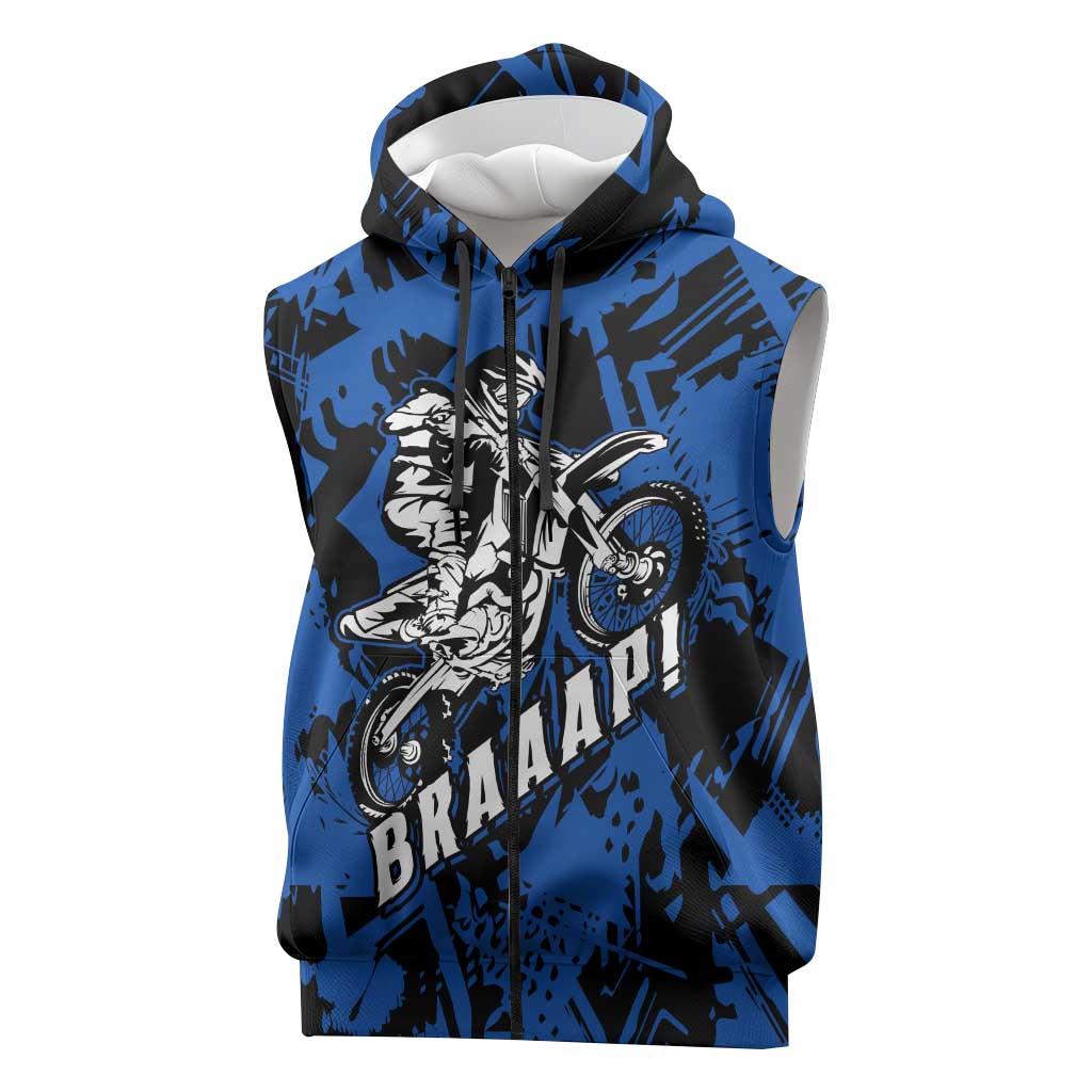 Personalized Motocross Rider Sleeveless Zip Hoodie with Blue Graffiti Splash Pattern - Wonder Print Shop