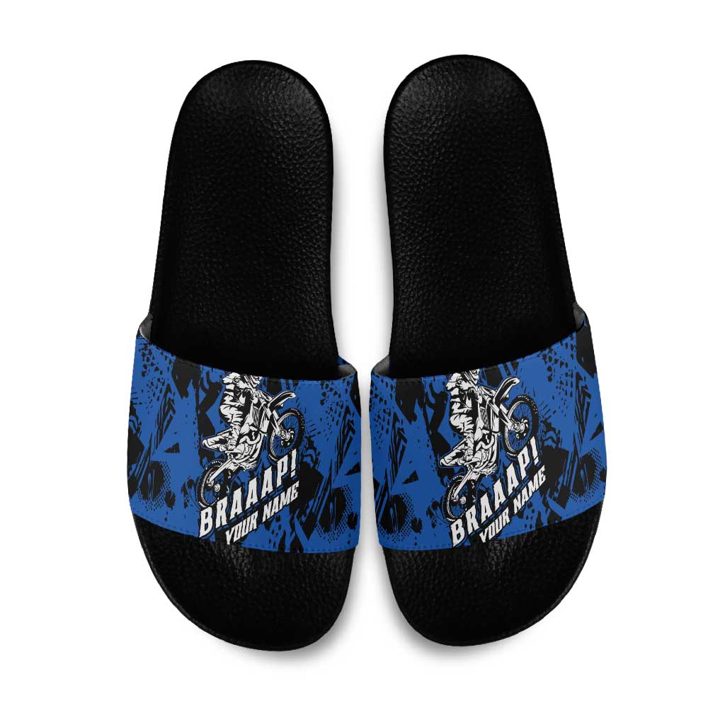 Personalized Motocross Rider Slide Sandals with Blue Graffiti Splash Pattern - Wonder Print Shop