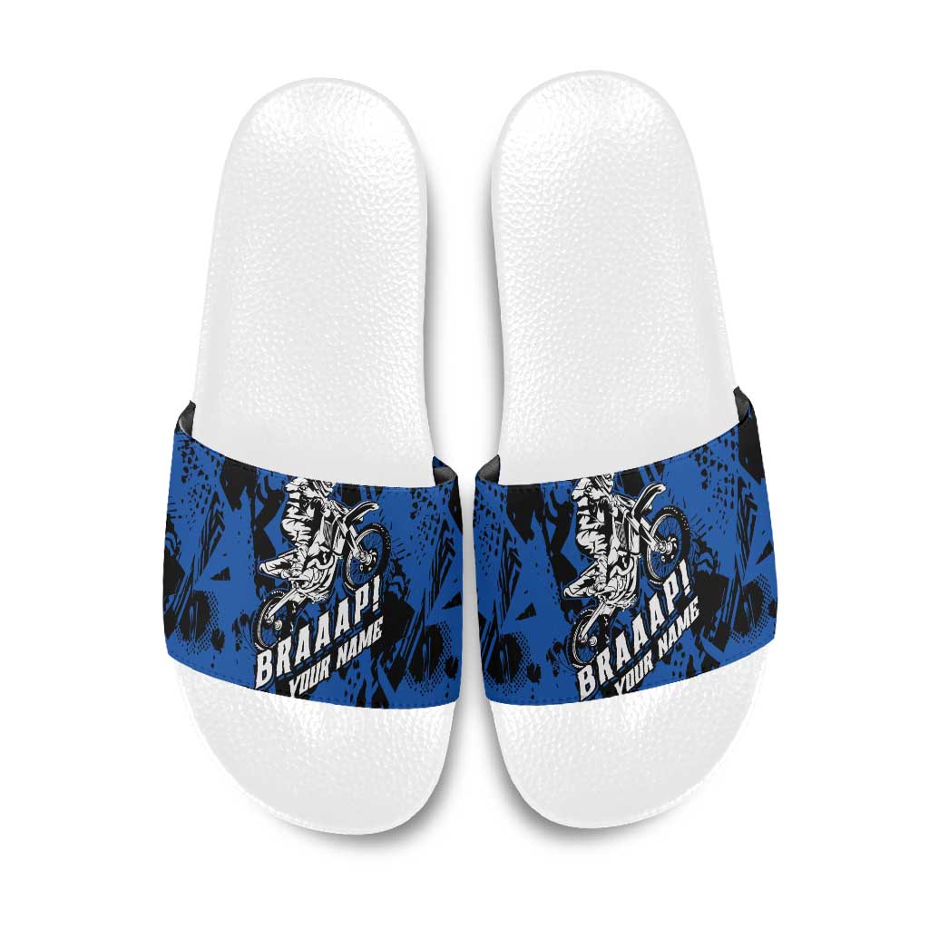 Personalized Motocross Rider Slide Sandals with Blue Graffiti Splash Pattern - Wonder Print Shop
