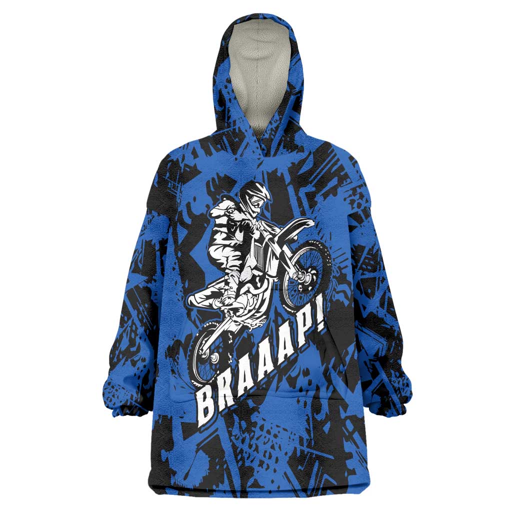 Personalized Motocross Rider Wearable Blanket Hoodie with Blue Graffiti Splash Pattern - Wonder Print Shop