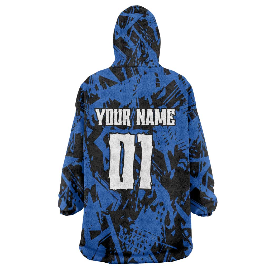 Personalized Motocross Rider Wearable Blanket Hoodie with Blue Graffiti Splash Pattern - Wonder Print Shop