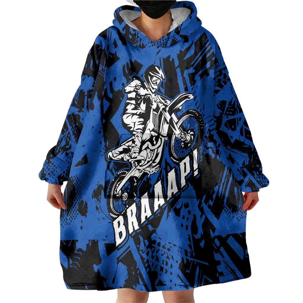Personalized Motocross Rider Wearable Blanket Hoodie with Blue Graffiti Splash Pattern - Wonder Print Shop