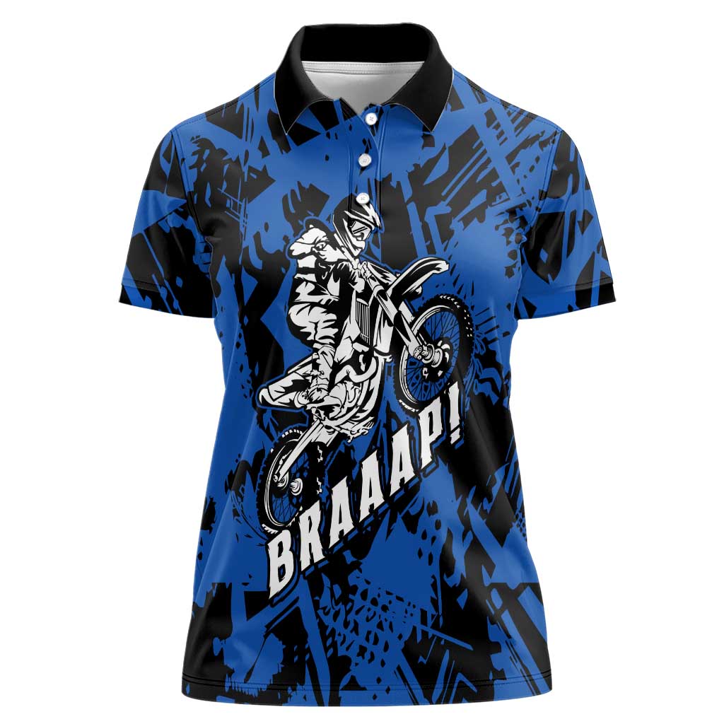 Personalized Motocross Rider Women Polo Shirt with Blue Graffiti Splash Pattern - Wonder Print Shop