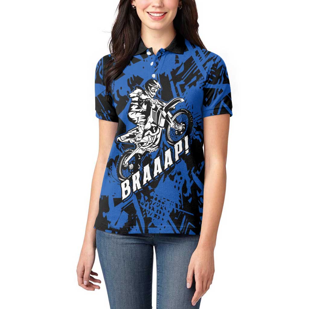 Personalized Motocross Rider Women Polo Shirt with Blue Graffiti Splash Pattern - Wonder Print Shop