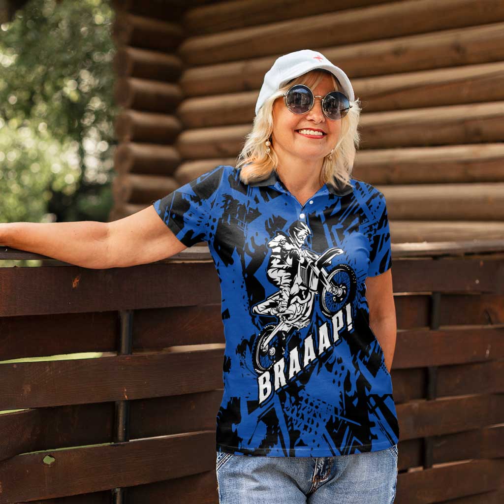 Personalized Motocross Rider Women Polo Shirt with Blue Graffiti Splash Pattern - Wonder Print Shop