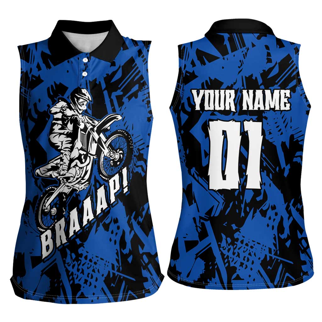 Personalized Motocross Rider Women Sleeveless Polo Shirt with Blue Graffiti Splash Pattern - Wonder Print Shop