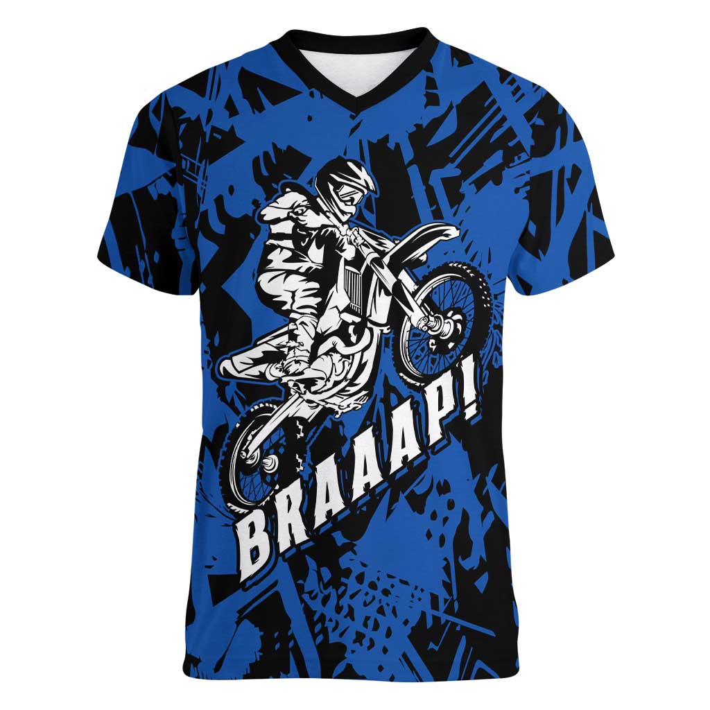 Personalized Motocross Rider Women V-Neck T-Shirt with Blue Graffiti Splash Pattern - Wonder Print Shop