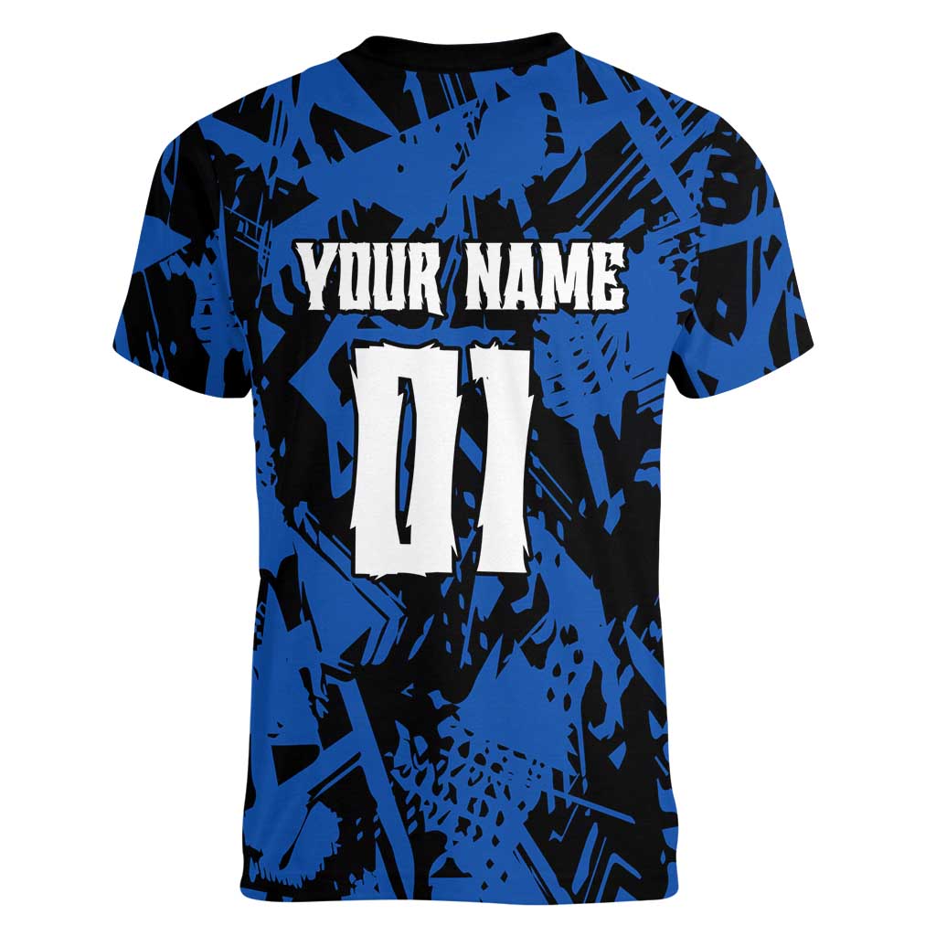 Personalized Motocross Rider Women V-Neck T-Shirt with Blue Graffiti Splash Pattern - Wonder Print Shop