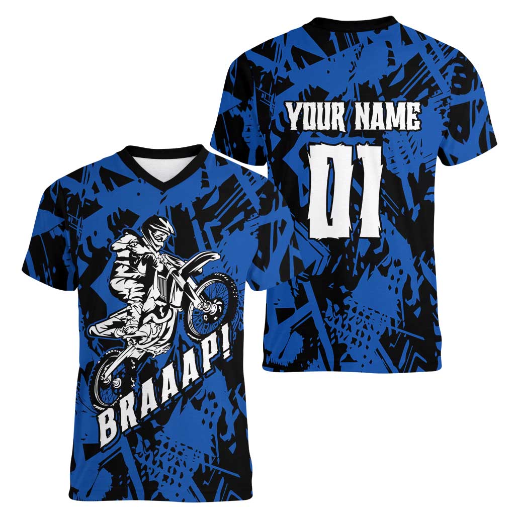 Personalized Motocross Rider Women V-Neck T-Shirt with Blue Graffiti Splash Pattern - Wonder Print Shop