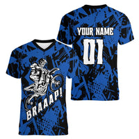 Personalized Motocross Rider Women V-Neck T-Shirt with Blue Graffiti Splash Pattern - Wonder Print Shop