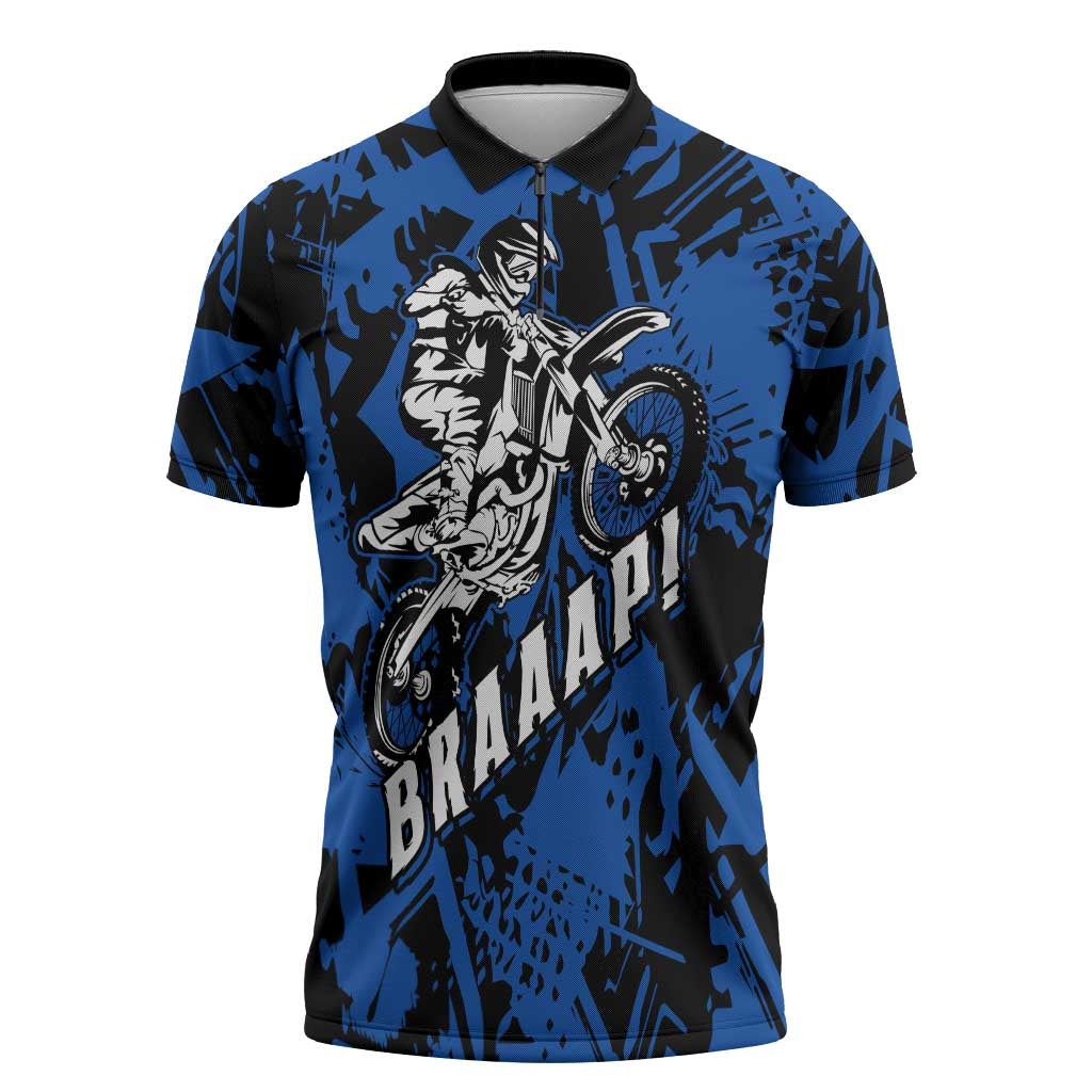 Personalized Motocross Rider Zipper Polo Shirt with Blue Graffiti Splash Pattern - Wonder Print Shop