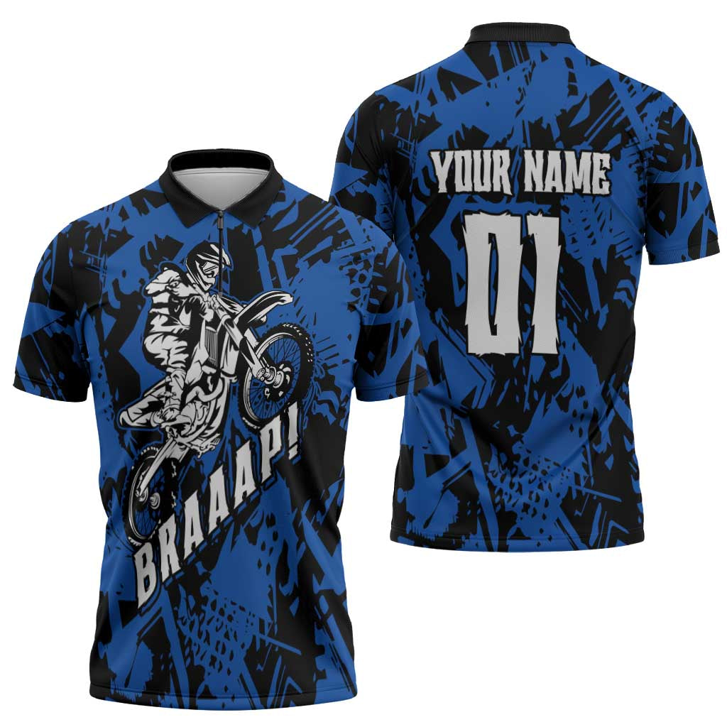 Personalized Motocross Rider Zipper Polo Shirt with Blue Graffiti Splash Pattern - Wonder Print Shop