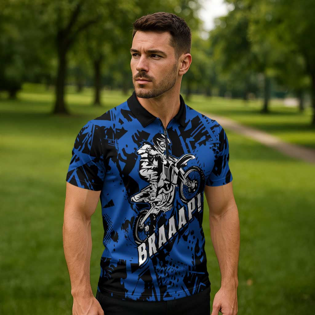 Personalized Motocross Rider Zipper Polo Shirt with Blue Graffiti Splash Pattern - Wonder Print Shop