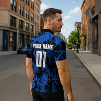 Personalized Motocross Rider Zipper Polo Shirt with Blue Graffiti Splash Pattern - Wonder Print Shop