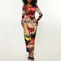 Amunet Long Sleeve Bodycon Dress with Egyptian Queen Portrait Ancient Mythology