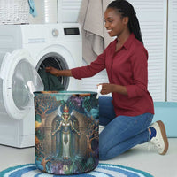 Amunet Ancient Temple Egyptian Laundry Basket with Golden Serpent Mythology in Teal Tones