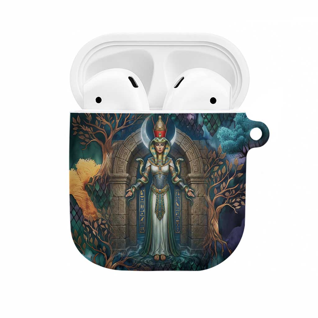 Amunet Ancient Temple Egyptian AirPods Case with Golden Serpent Mythology in Teal Tones
