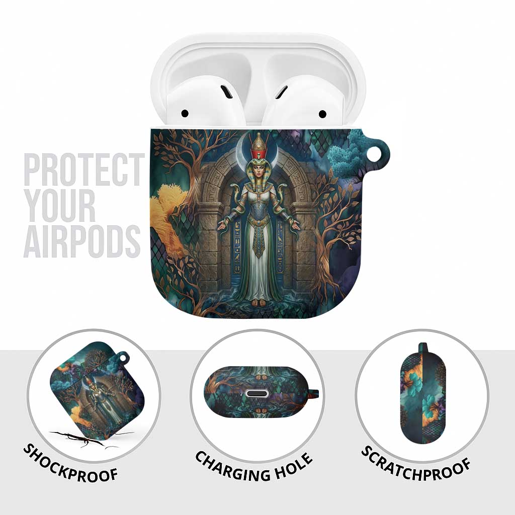 Amunet Ancient Temple Egyptian AirPods Case with Golden Serpent Mythology in Teal Tones