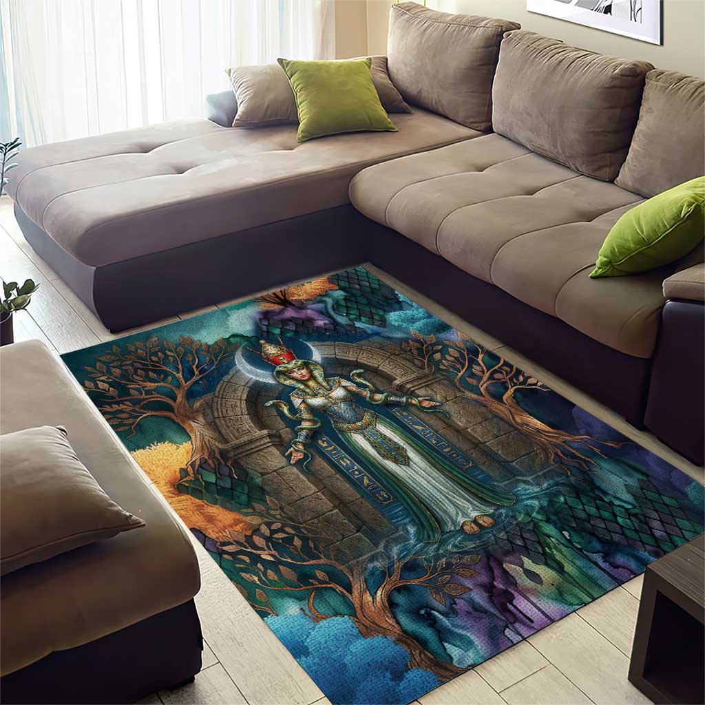 Amunet Ancient Temple Egyptian Area Rug with Golden Serpent Mythology in Teal Tones