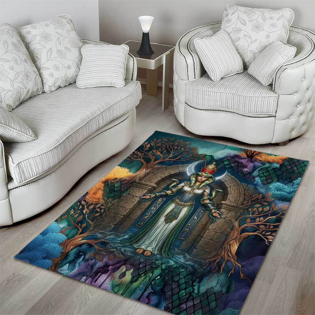 Amunet Ancient Temple Egyptian Area Rug with Golden Serpent Mythology in Teal Tones
