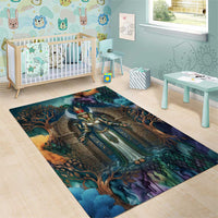 Amunet Ancient Temple Egyptian Area Rug with Golden Serpent Mythology in Teal Tones