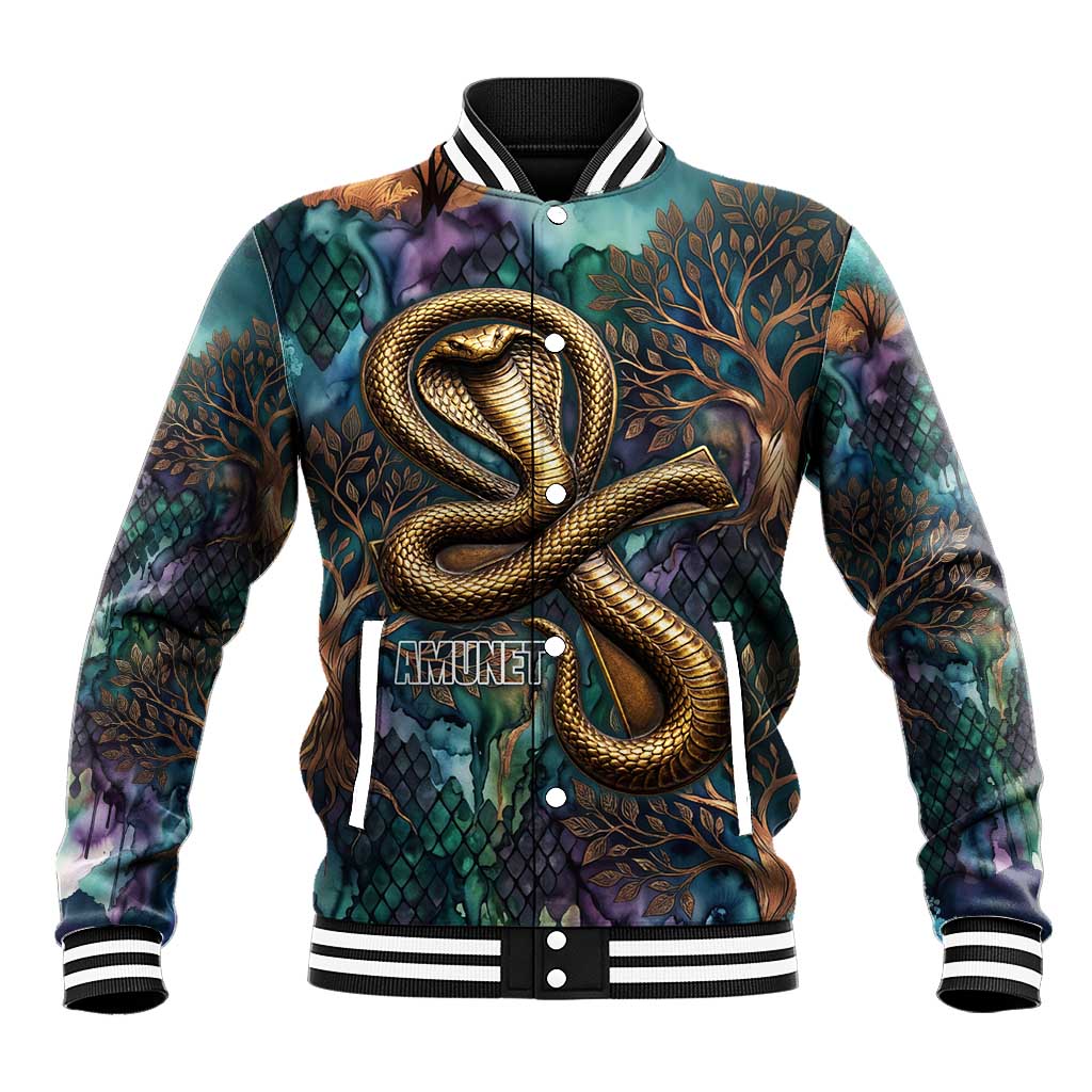 Amunet Ancient Temple Egyptian Baseball Jacket with Golden Serpent Mythology in Teal Tones