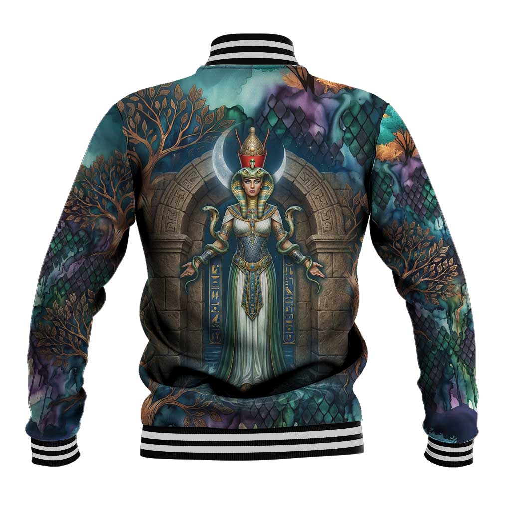 Amunet Ancient Temple Egyptian Baseball Jacket with Golden Serpent Mythology in Teal Tones