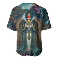 Amunet Ancient Temple Egyptian Baseball Jersey with Golden Serpent Mythology in Teal Tones