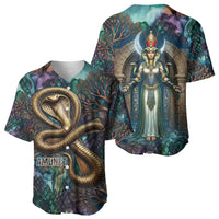 Amunet Ancient Temple Egyptian Baseball Jersey with Golden Serpent Mythology in Teal Tones