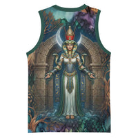 Amunet Ancient Temple Egyptian Basketball Jersey with Golden Serpent Mythology in Teal Tones
