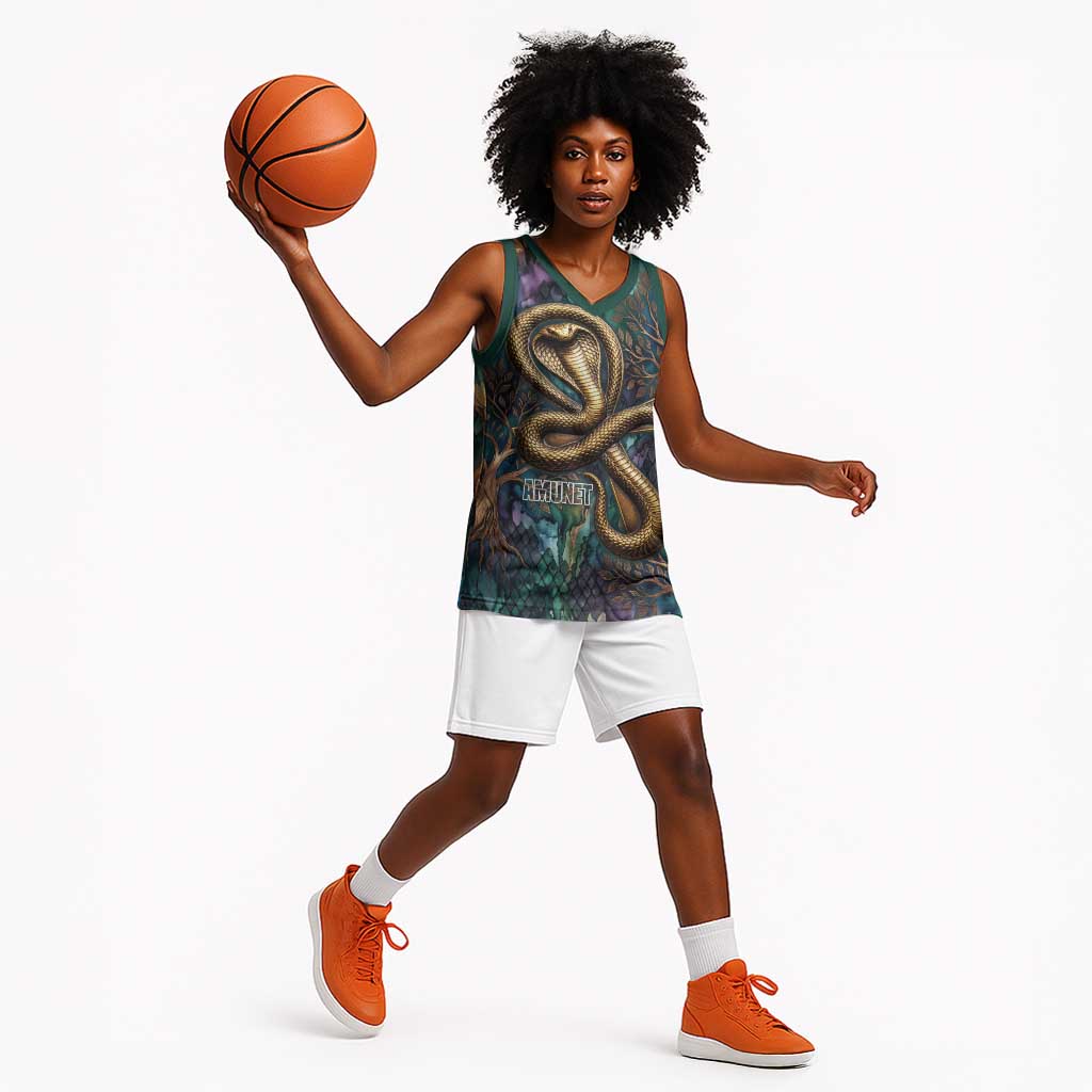 Amunet Ancient Temple Egyptian Basketball Jersey with Golden Serpent Mythology in Teal Tones
