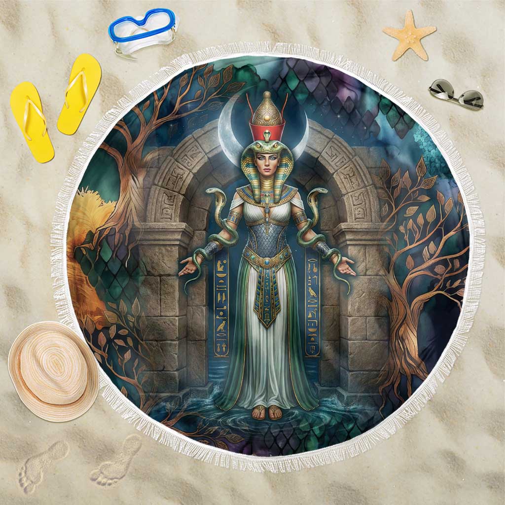 Amunet Ancient Temple Egyptian Beach Blanket with Golden Serpent Mythology in Teal Tones