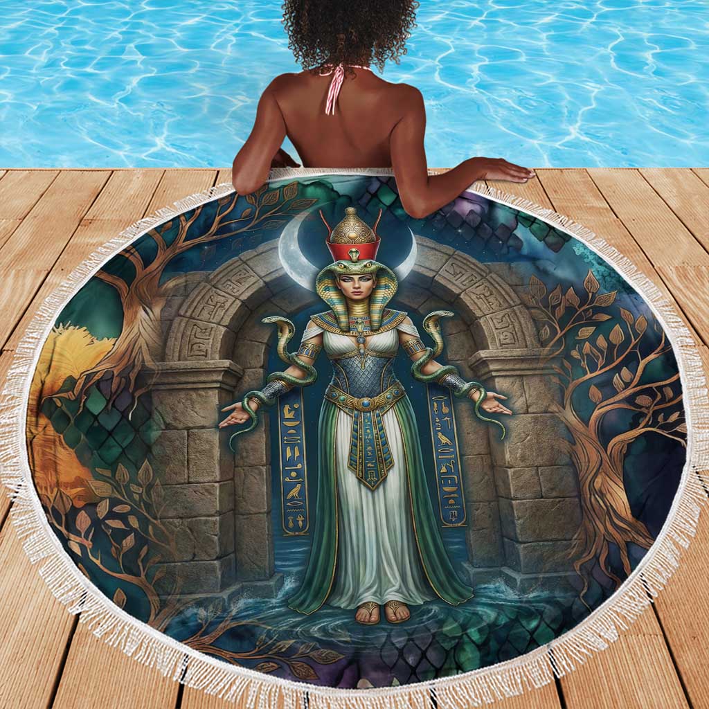 Amunet Ancient Temple Egyptian Beach Blanket with Golden Serpent Mythology in Teal Tones