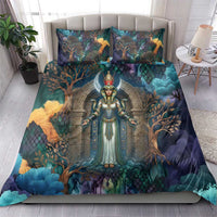 Amunet Ancient Temple Egyptian Bedding Set with Golden Serpent Mythology in Teal Tones