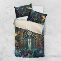 Amunet Ancient Temple Egyptian Bedding Set with Golden Serpent Mythology in Teal Tones